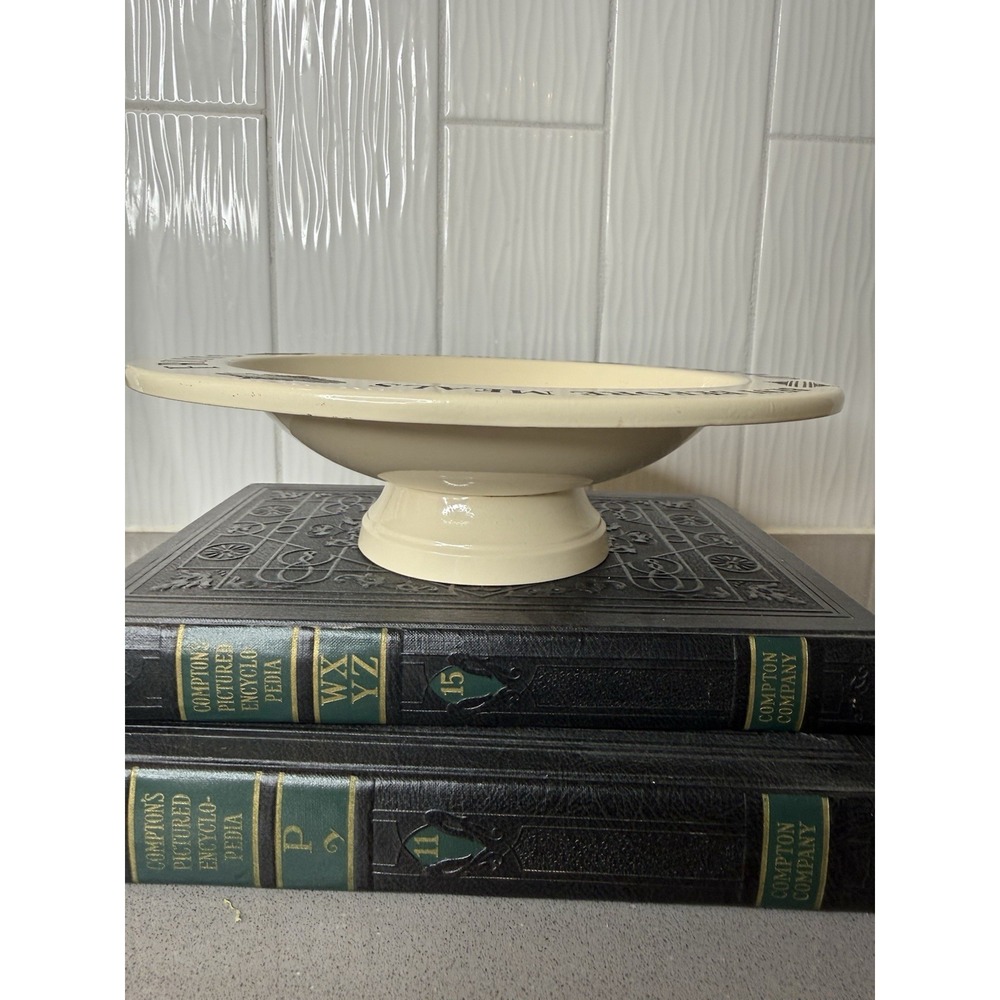 Vintage Style Enamelware Pedestal Fruit Bowl Cream & Black Cottagecore Metal GUC - Picture 5 of 8
